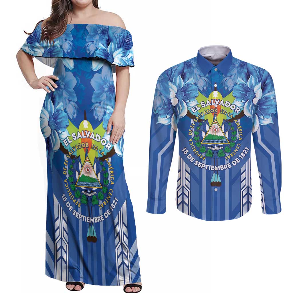 Viva El Salvador Couples Matching Off Shoulder Maxi Dress and Long Sleeve Button Shirt Happy Independence Day - Wonder Print Shop