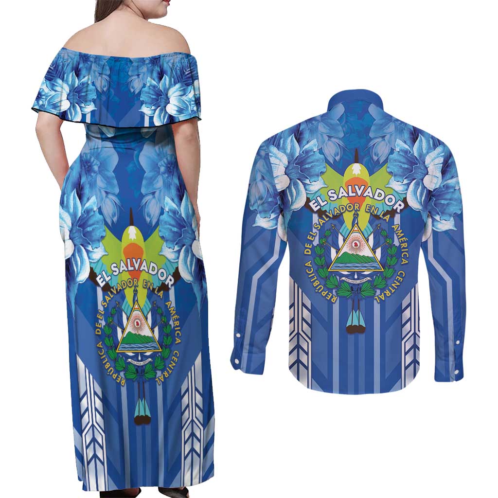 Viva El Salvador Couples Matching Off Shoulder Maxi Dress and Long Sleeve Button Shirt Happy Independence Day - Wonder Print Shop