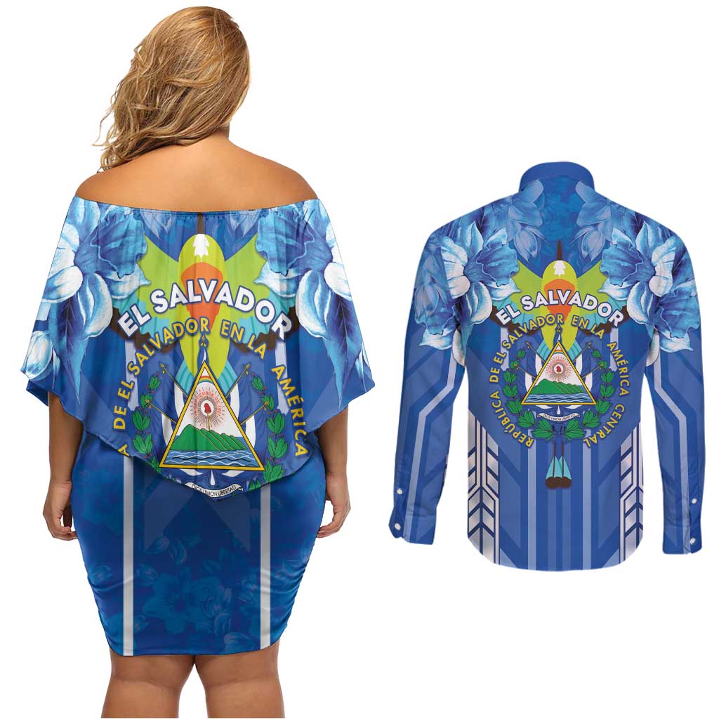 Viva El Salvador Couples Matching Off Shoulder Short Dress and Long Sleeve Button Shirt Happy Independence Day - Wonder Print Shop