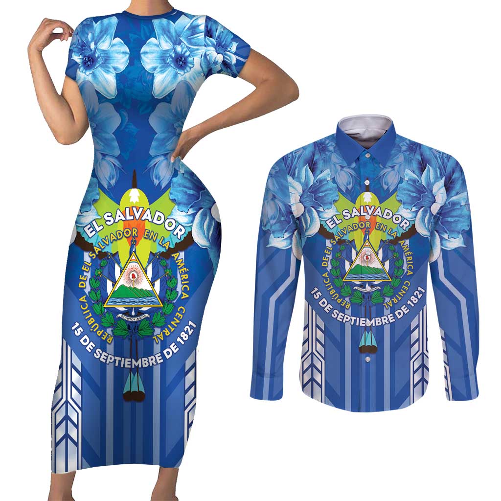Viva El Salvador Couples Matching Short Sleeve Bodycon Dress and Long Sleeve Button Shirt Happy Independence Day - Wonder Print Shop