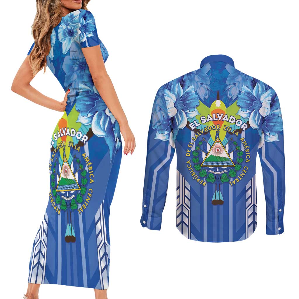 Viva El Salvador Couples Matching Short Sleeve Bodycon Dress and Long Sleeve Button Shirt Happy Independence Day - Wonder Print Shop