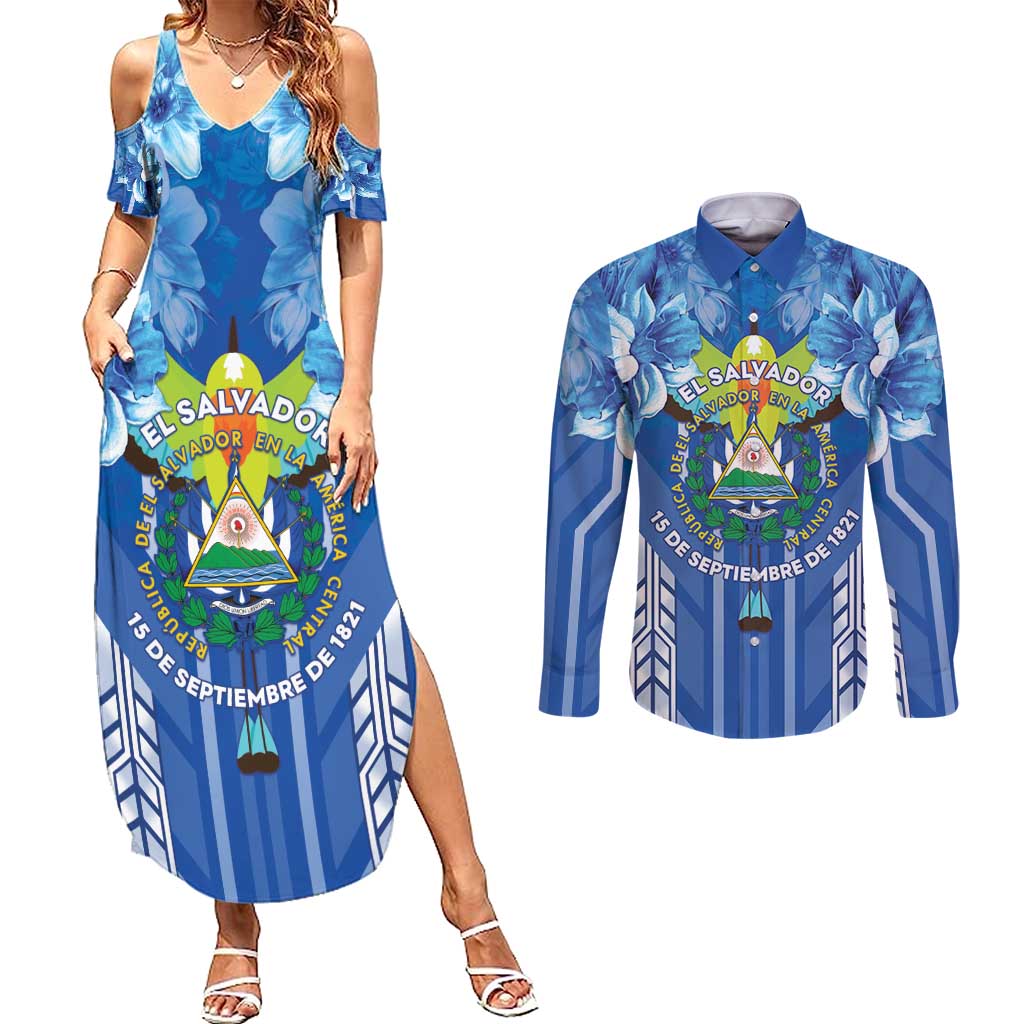 Viva El Salvador Couples Matching Summer Maxi Dress and Long Sleeve Button Shirt Happy Independence Day - Wonder Print Shop