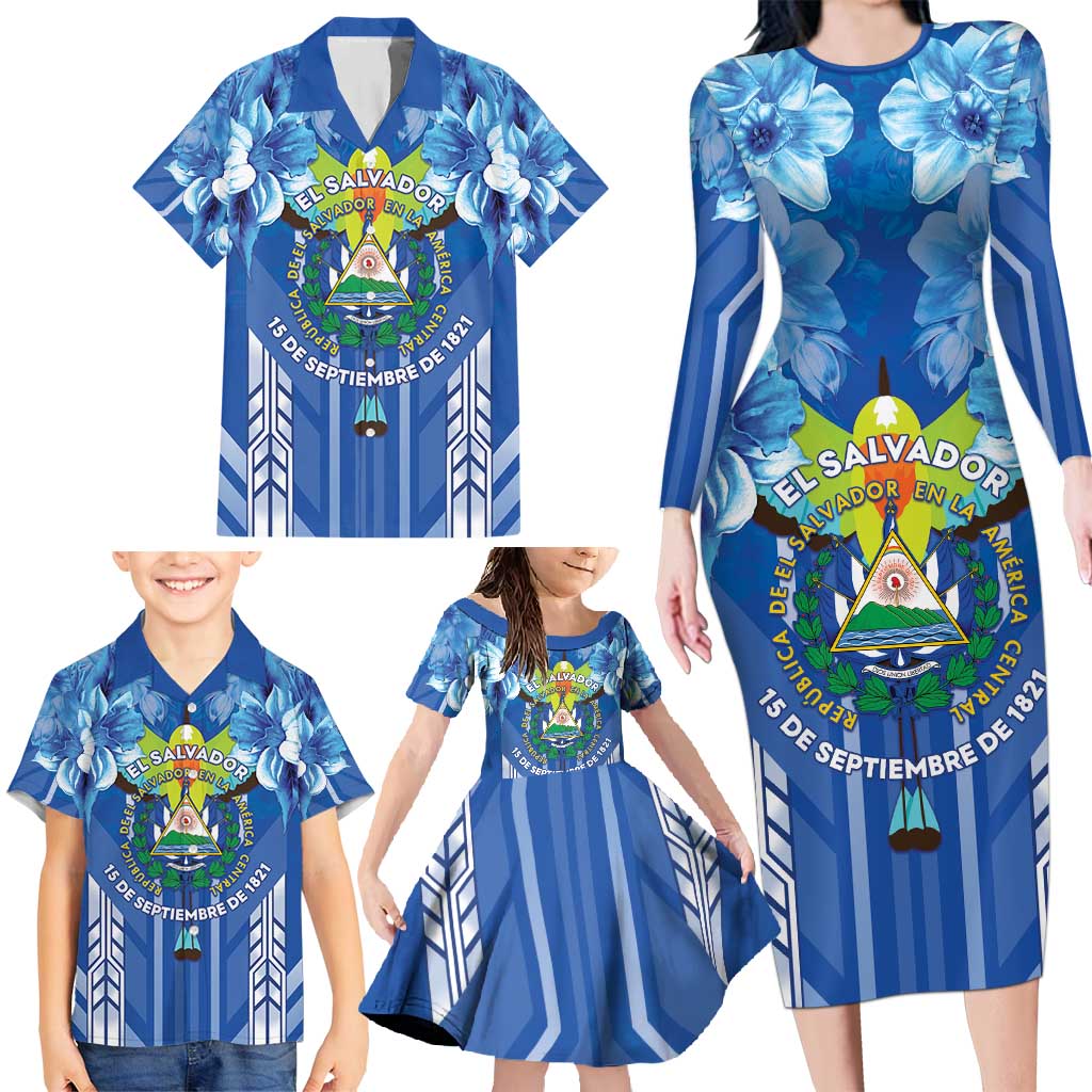 Viva El Salvador Family Matching Long Sleeve Bodycon Dress and Hawaiian Shirt Happy Independence Day - Wonder Print Shop