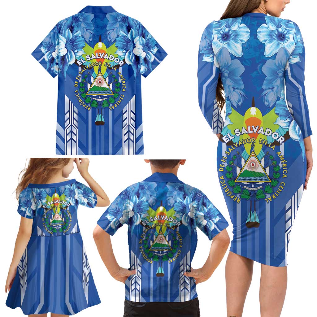 Viva El Salvador Family Matching Long Sleeve Bodycon Dress and Hawaiian Shirt Happy Independence Day - Wonder Print Shop