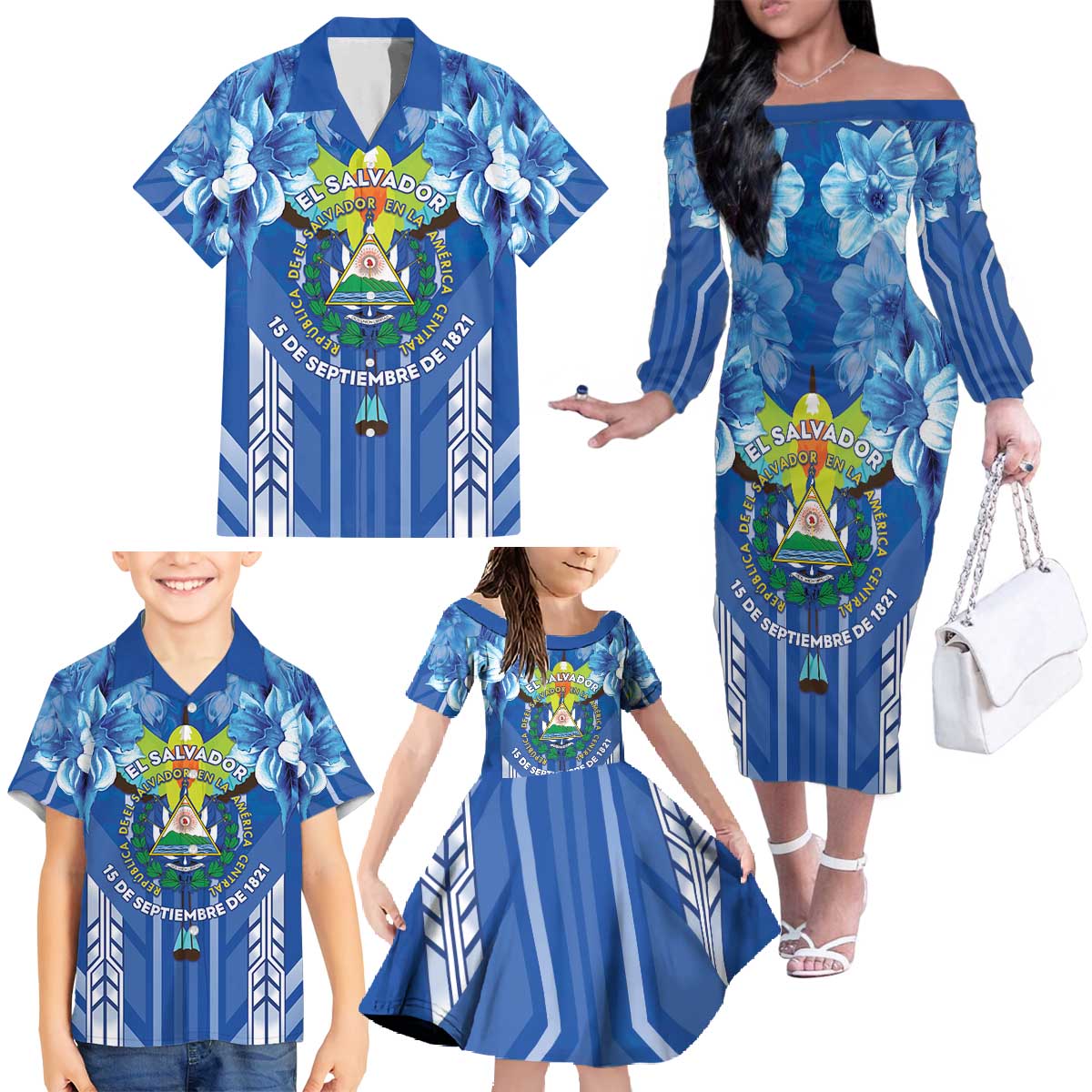 Viva El Salvador Family Matching Off The Shoulder Long Sleeve Dress and Hawaiian Shirt Happy Independence Day - Wonder Print Shop