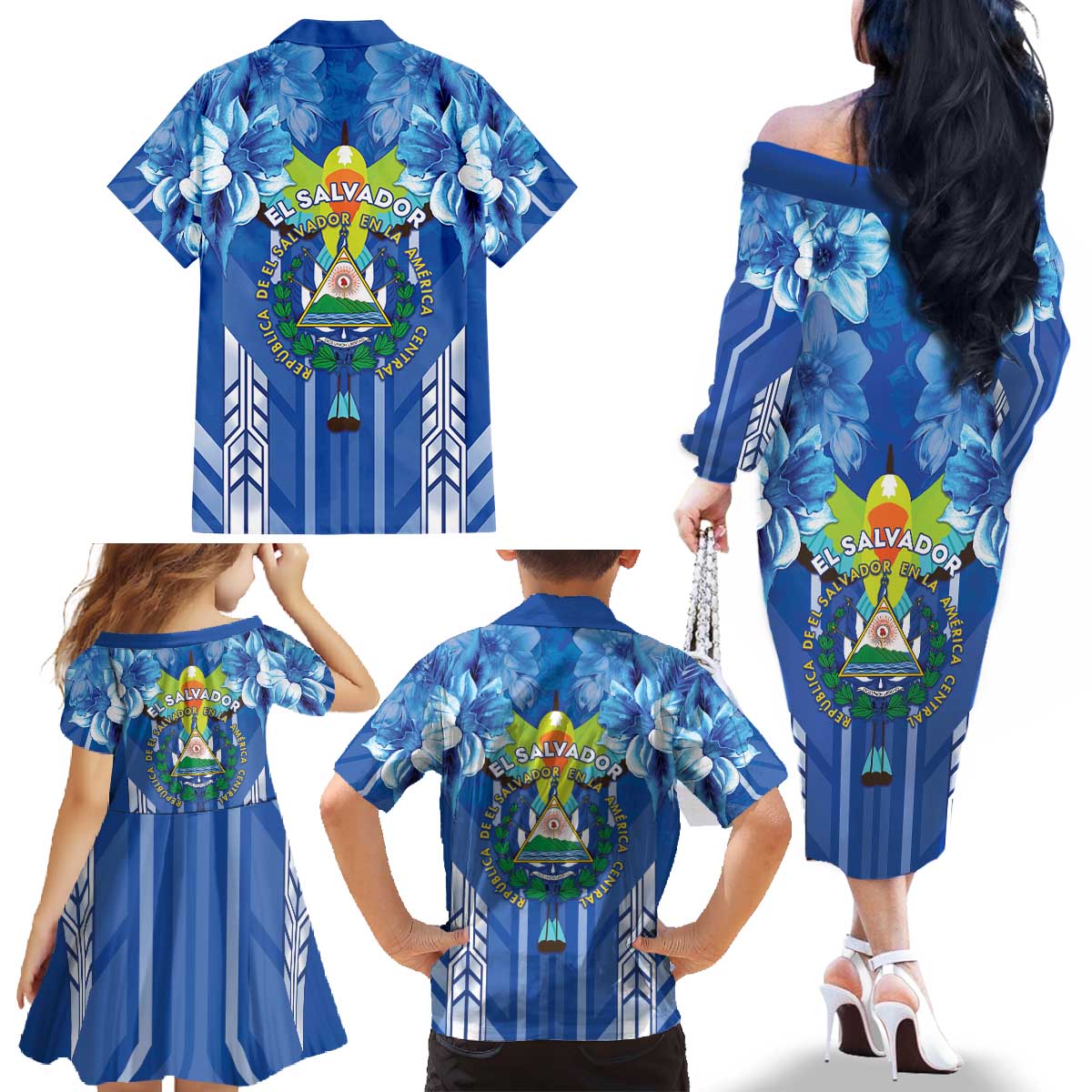 Viva El Salvador Family Matching Off The Shoulder Long Sleeve Dress and Hawaiian Shirt Happy Independence Day - Wonder Print Shop