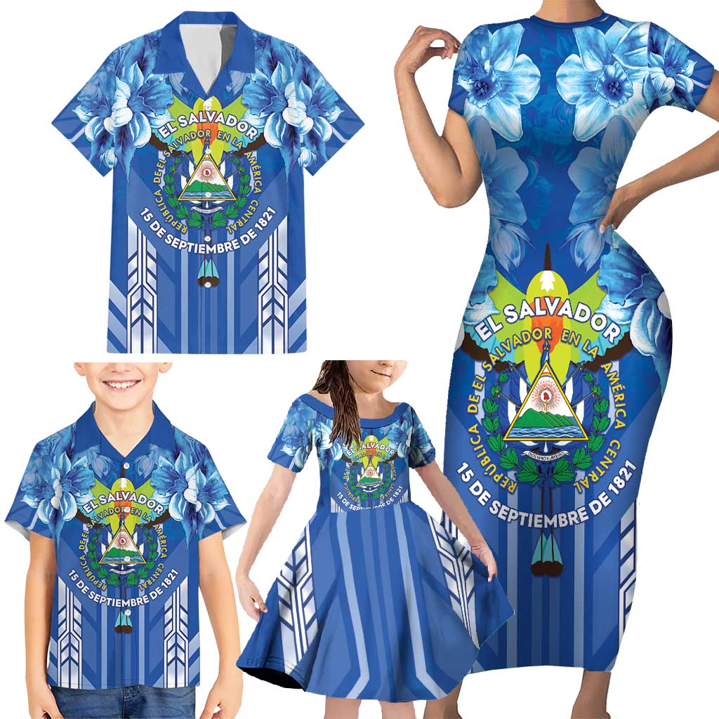 Viva El Salvador Family Matching Short Sleeve Bodycon Dress and Hawaiian Shirt Happy Independence Day - Wonder Print Shop