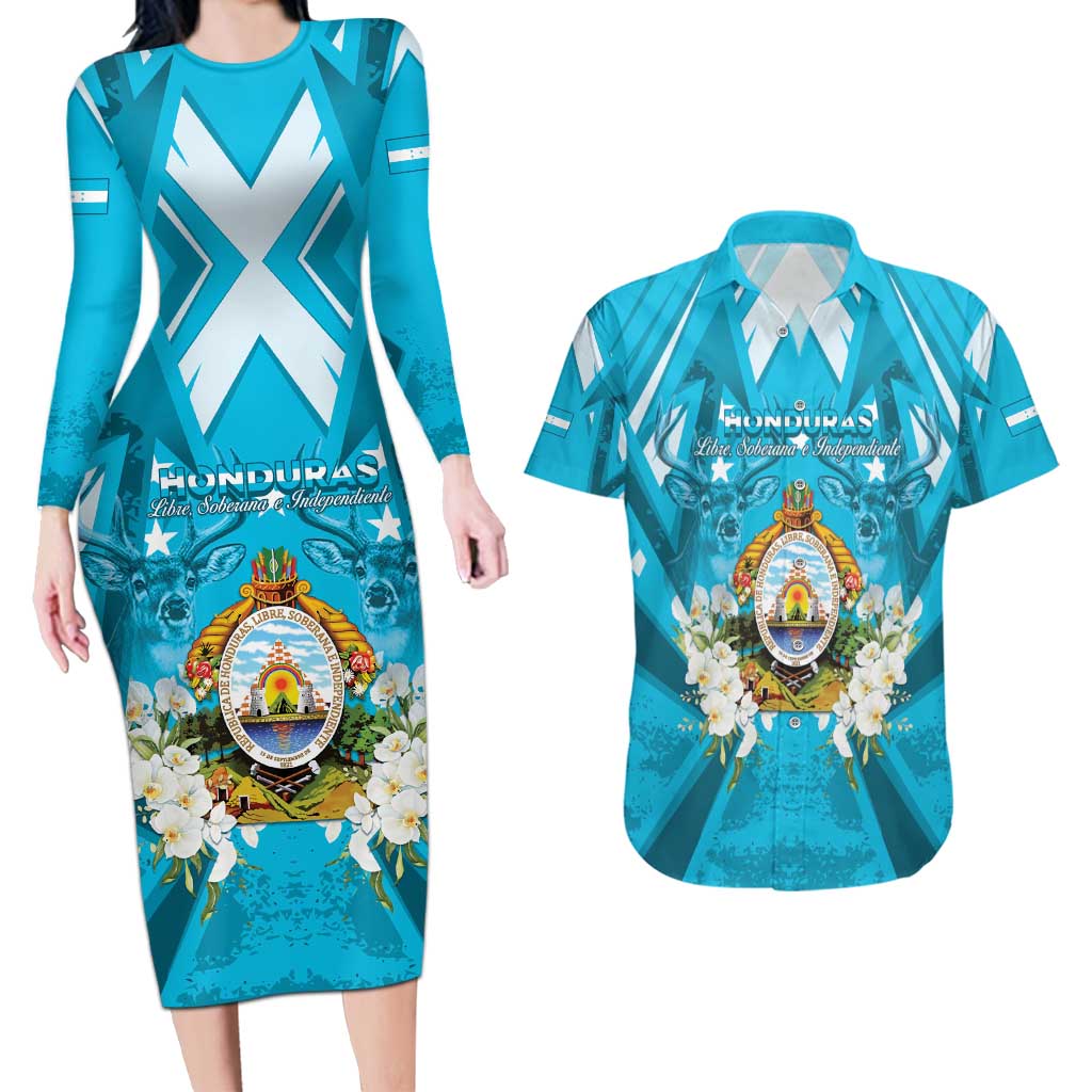 Honduras Independence Day Couples Matching Long Sleeve Bodycon Dress and Hawaiian Shirt Coat Of Arms Special Style - Wonder Print Shop