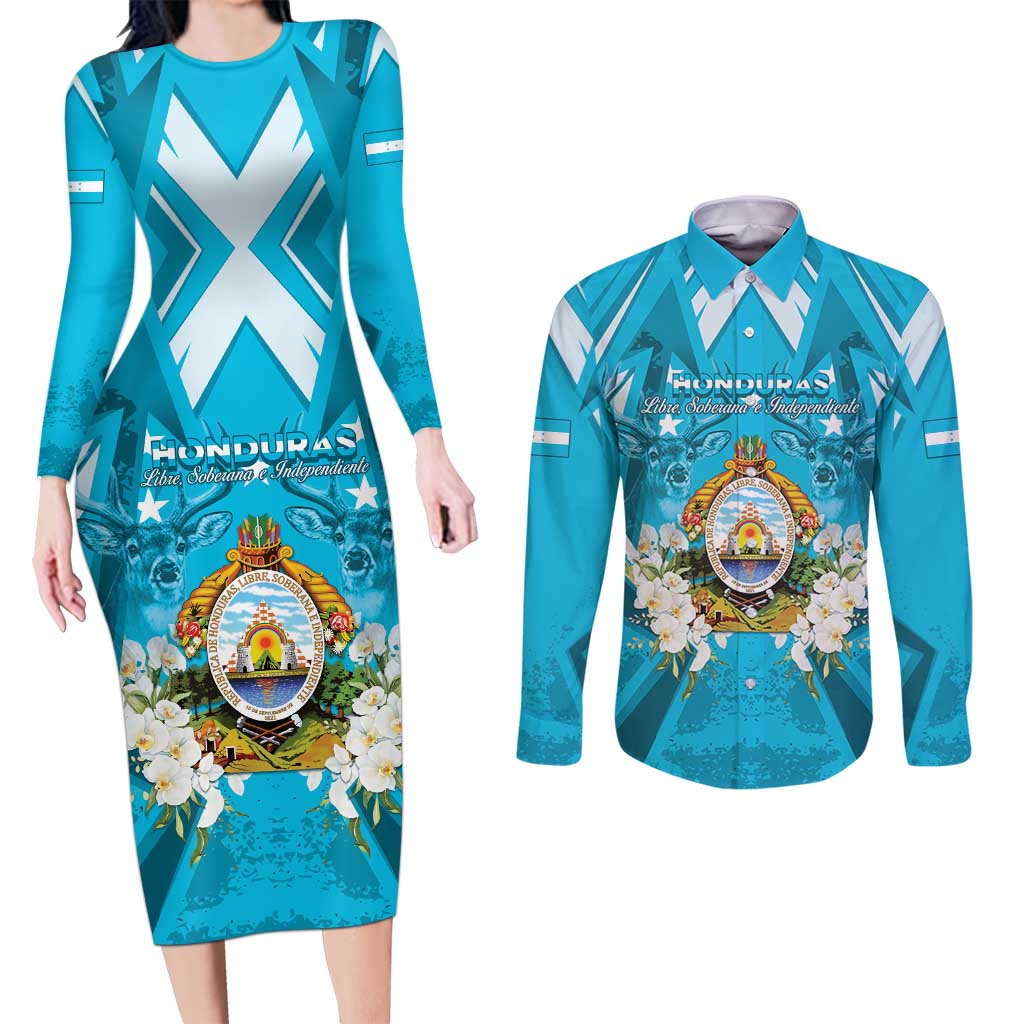 Honduras Independence Day Couples Matching Long Sleeve Bodycon Dress and Long Sleeve Button Shirt Coat Of Arms Special Style - Wonder Print Shop