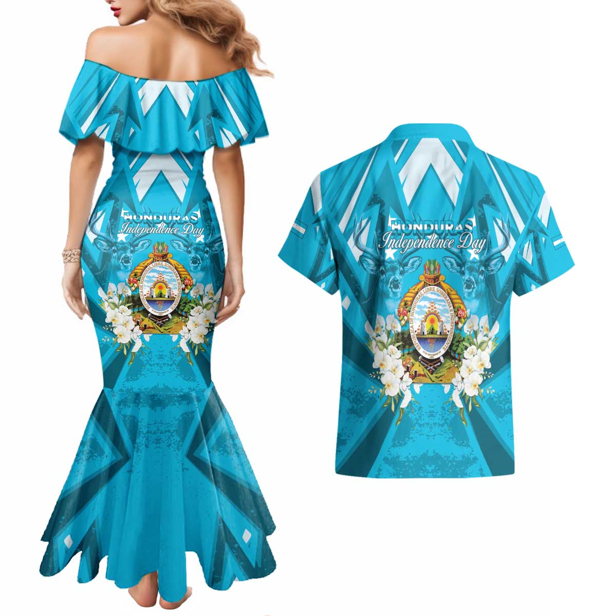 Honduras Independence Day Couples Matching Mermaid Dress and Hawaiian Shirt Coat Of Arms Special Style - Wonder Print Shop