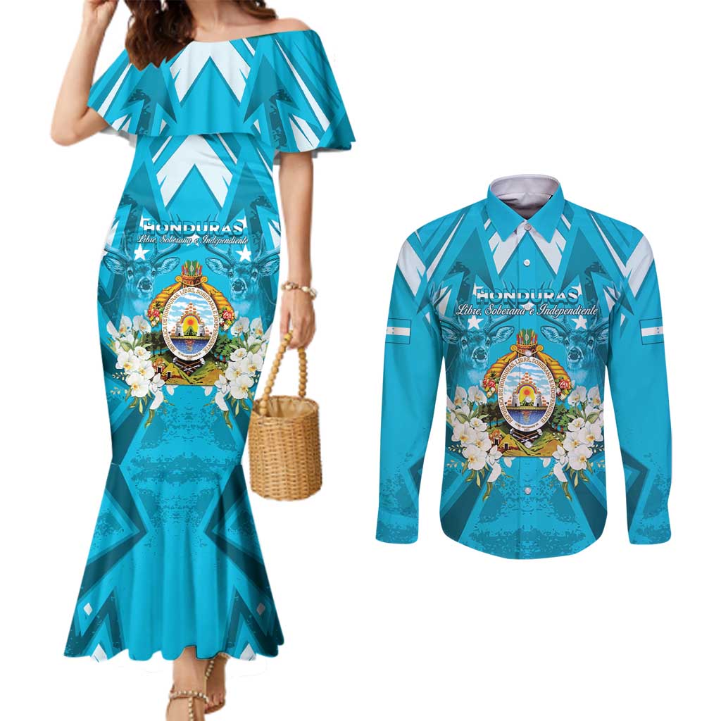 Honduras Independence Day Couples Matching Mermaid Dress and Long Sleeve Button Shirt Coat Of Arms Special Style - Wonder Print Shop