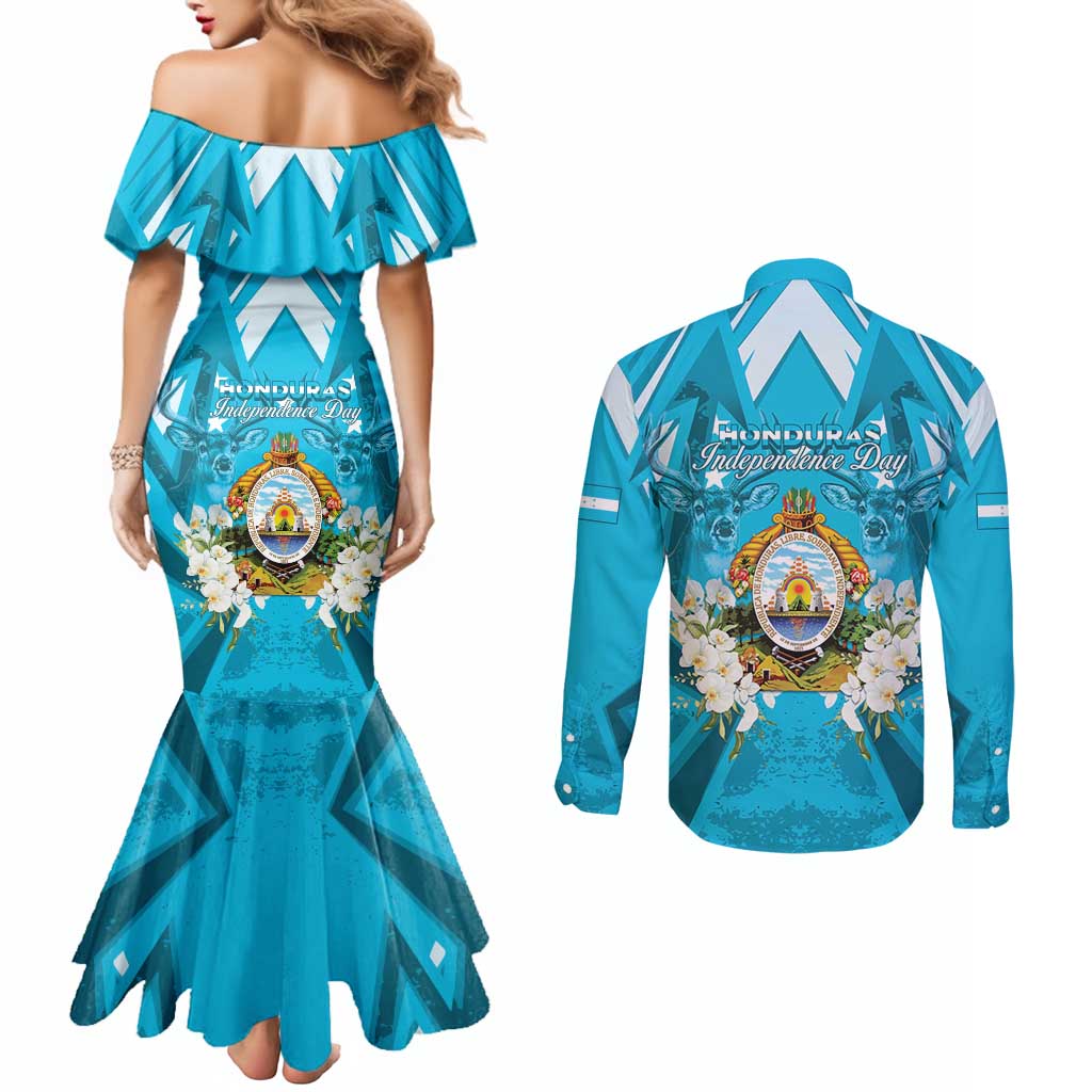 Honduras Independence Day Couples Matching Mermaid Dress and Long Sleeve Button Shirt Coat Of Arms Special Style - Wonder Print Shop
