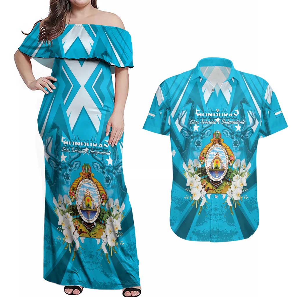 Honduras Independence Day Couples Matching Off Shoulder Maxi Dress and Hawaiian Shirt Coat Of Arms Special Style - Wonder Print Shop