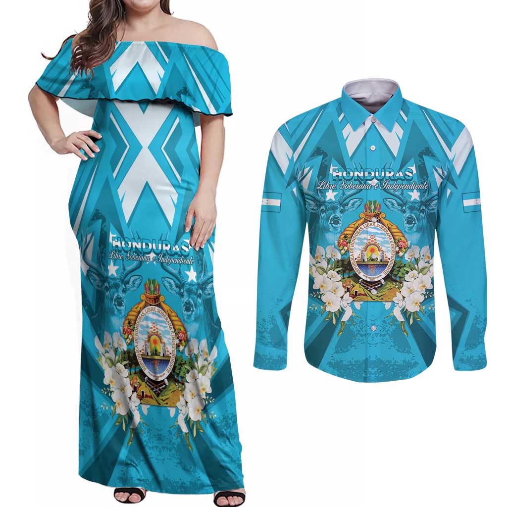 Honduras Independence Day Couples Matching Off Shoulder Maxi Dress and Long Sleeve Button Shirt Coat Of Arms Special Style - Wonder Print Shop