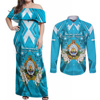Honduras Independence Day Couples Matching Off Shoulder Maxi Dress and Long Sleeve Button Shirt Coat Of Arms Special Style - Wonder Print Shop