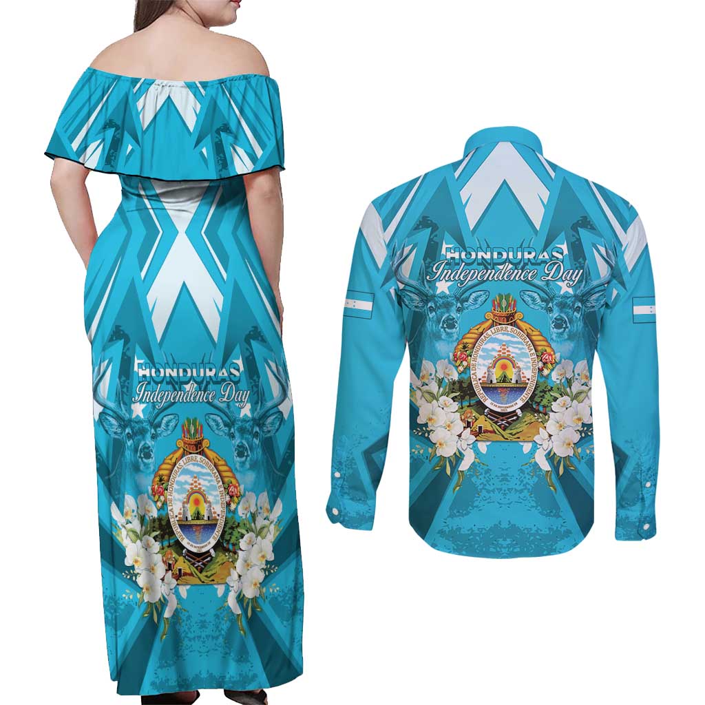 Honduras Independence Day Couples Matching Off Shoulder Maxi Dress and Long Sleeve Button Shirt Coat Of Arms Special Style - Wonder Print Shop