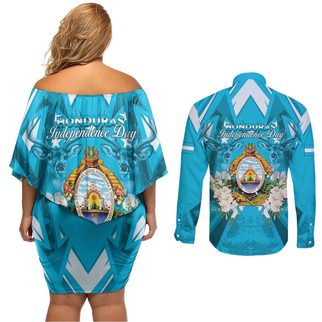Honduras Independence Day Couples Matching Off Shoulder Short Dress and Long Sleeve Button Shirt Coat Of Arms Special Style - Wonder Print Shop