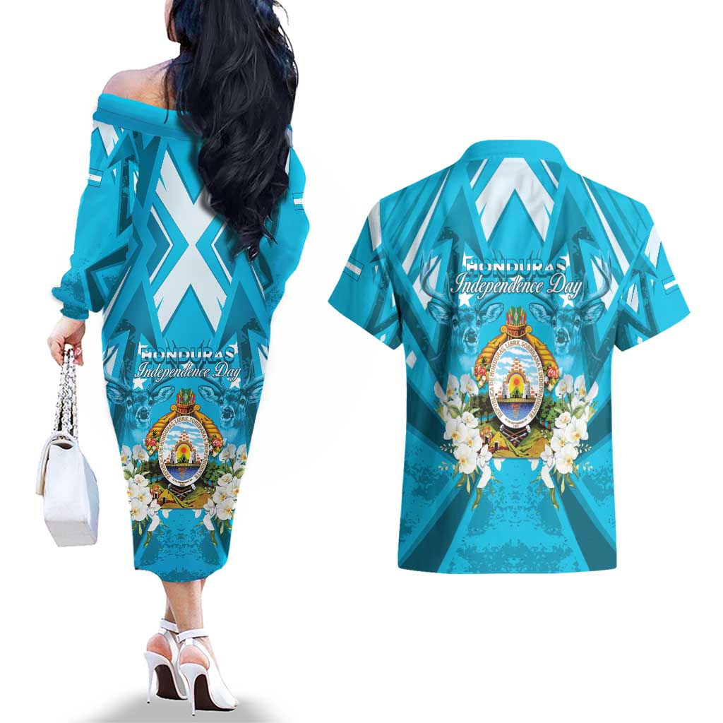 Honduras Independence Day Couples Matching Off The Shoulder Long Sleeve Dress and Hawaiian Shirt Coat Of Arms Special Style - Wonder Print Shop