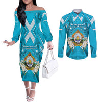 Honduras Independence Day Couples Matching Off The Shoulder Long Sleeve Dress and Long Sleeve Button Shirt Coat Of Arms Special Style - Wonder Print Shop