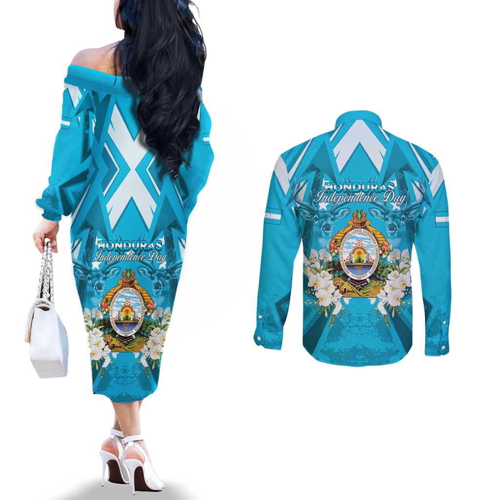 Honduras Independence Day Couples Matching Off The Shoulder Long Sleeve Dress and Long Sleeve Button Shirt Coat Of Arms Special Style - Wonder Print Shop