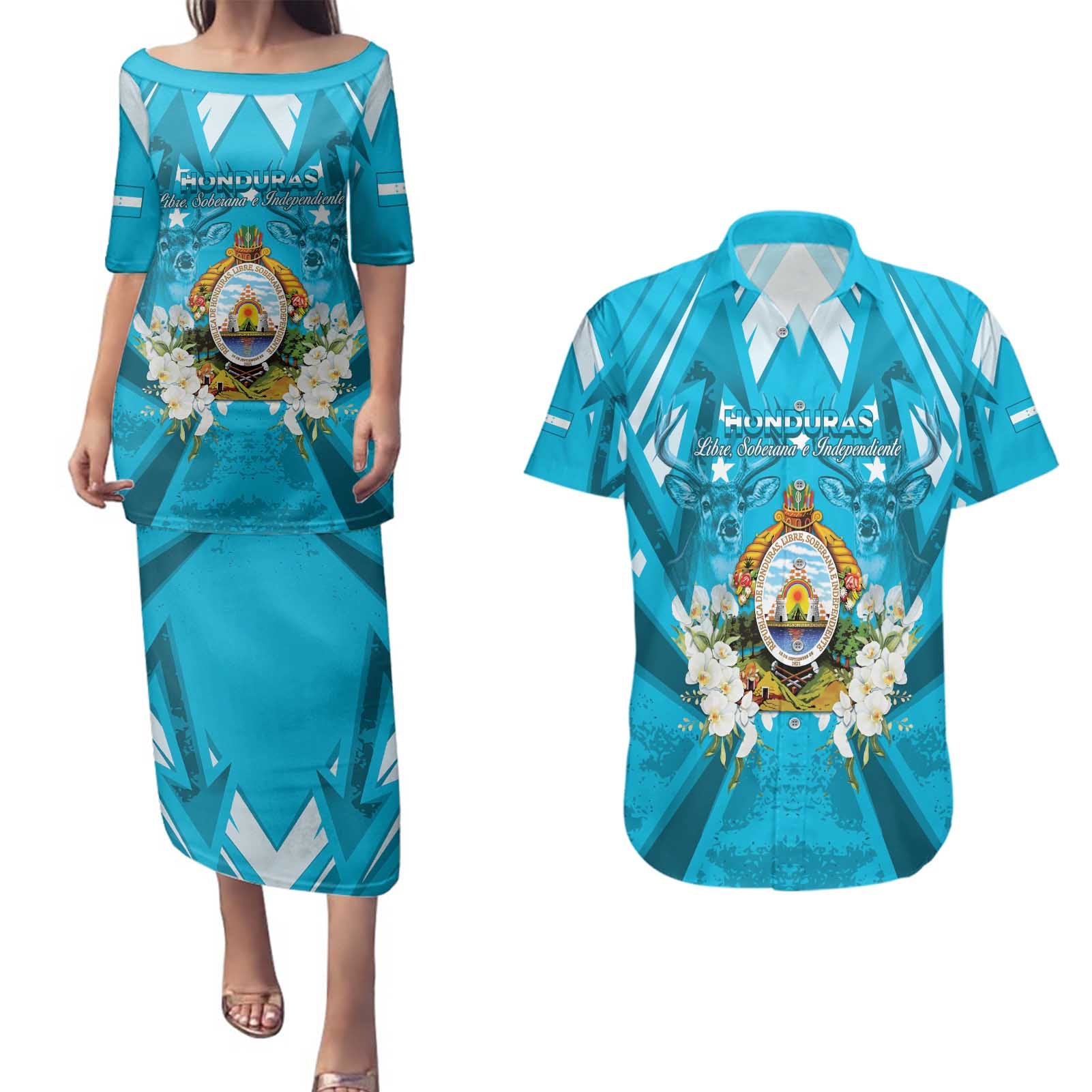Honduras Independence Day Couples Matching Puletasi and Hawaiian Shirt Coat Of Arms Special Style - Wonder Print Shop