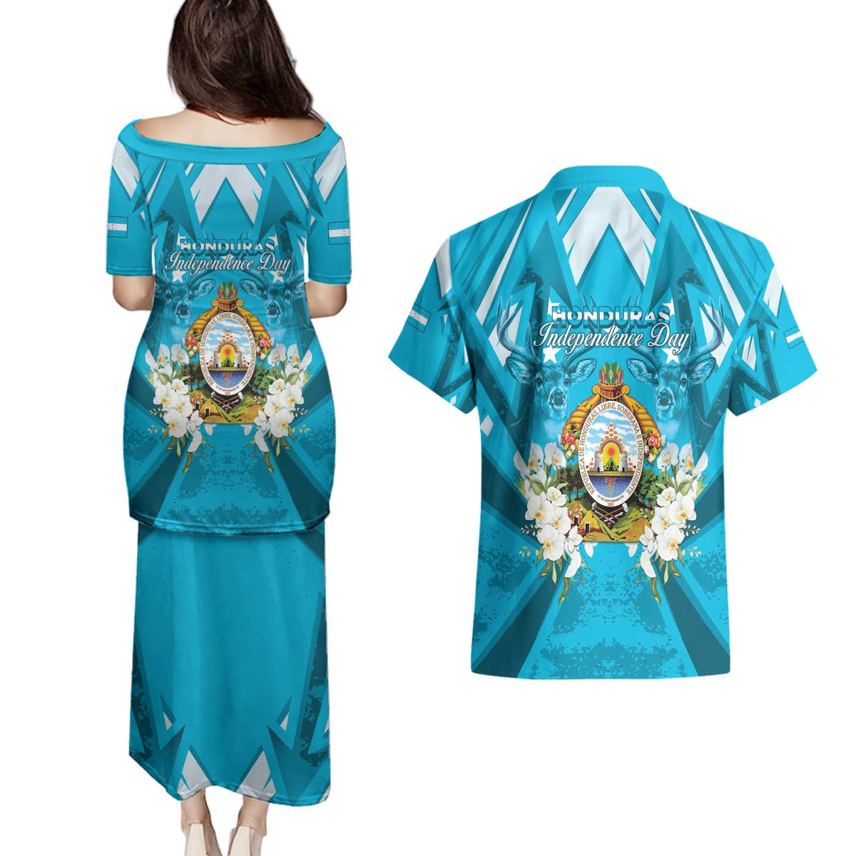 Honduras Independence Day Couples Matching Puletasi and Hawaiian Shirt Coat Of Arms Special Style - Wonder Print Shop