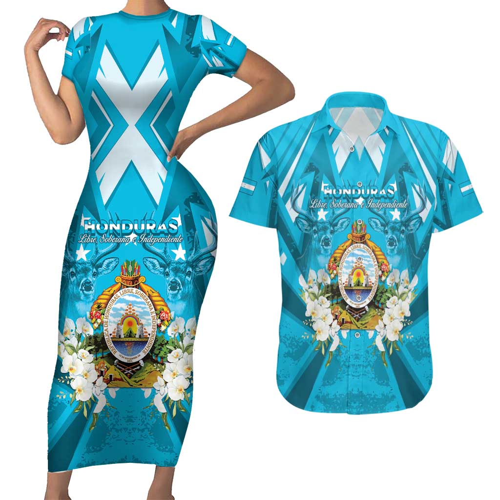 Honduras Independence Day Couples Matching Short Sleeve Bodycon Dress and Hawaiian Shirt Coat Of Arms Special Style - Wonder Print Shop