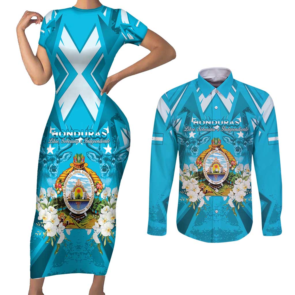 Honduras Independence Day Couples Matching Short Sleeve Bodycon Dress and Long Sleeve Button Shirt Coat Of Arms Special Style - Wonder Print Shop