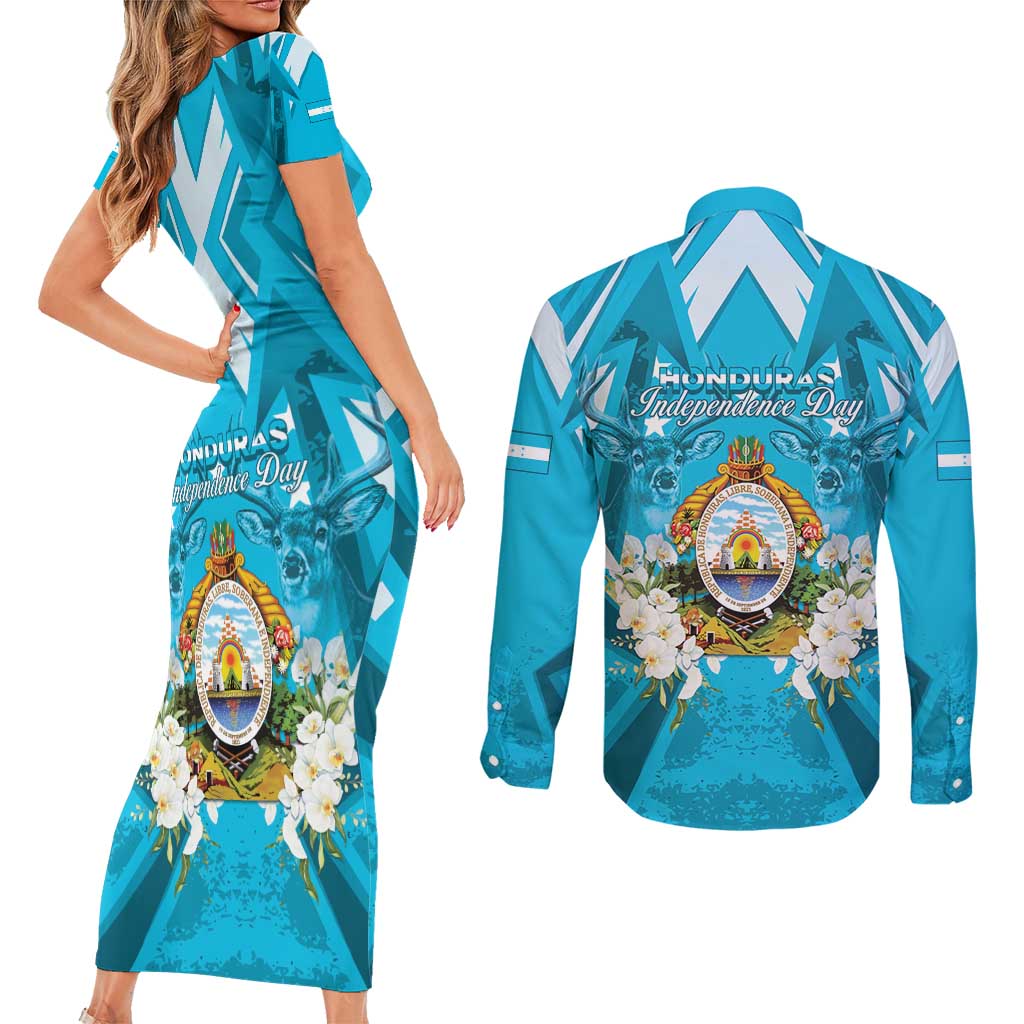 Honduras Independence Day Couples Matching Short Sleeve Bodycon Dress and Long Sleeve Button Shirt Coat Of Arms Special Style - Wonder Print Shop