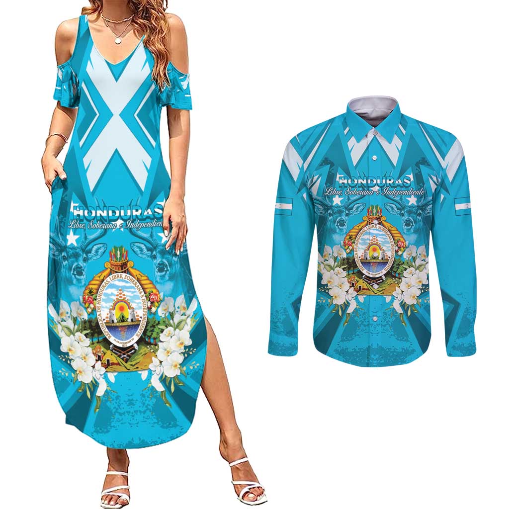 Honduras Independence Day Couples Matching Summer Maxi Dress and Long Sleeve Button Shirt Coat Of Arms Special Style - Wonder Print Shop