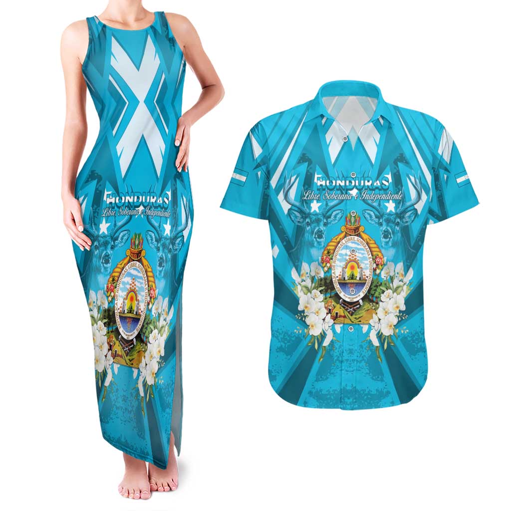 Honduras Independence Day Couples Matching Tank Maxi Dress and Hawaiian Shirt Coat Of Arms Special Style - Wonder Print Shop