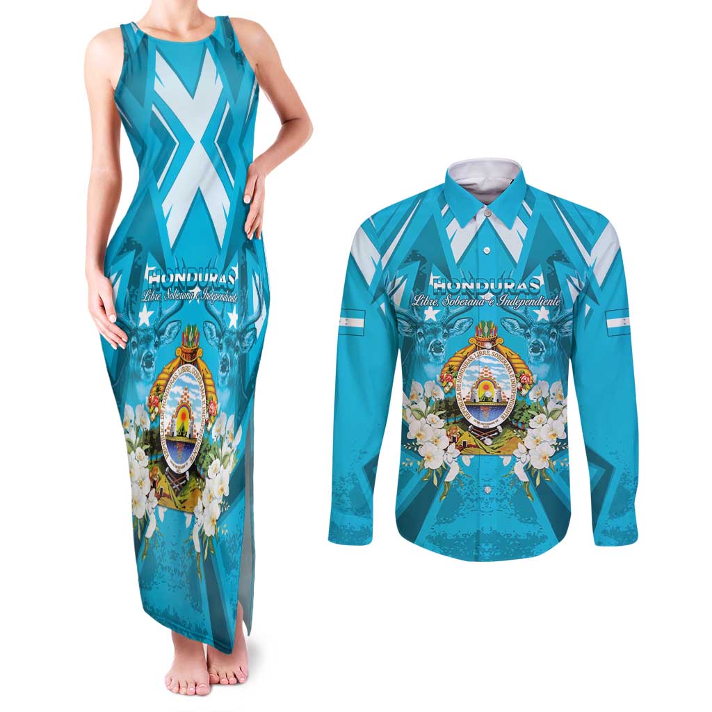 Honduras Independence Day Couples Matching Tank Maxi Dress and Long Sleeve Button Shirt Coat Of Arms Special Style - Wonder Print Shop