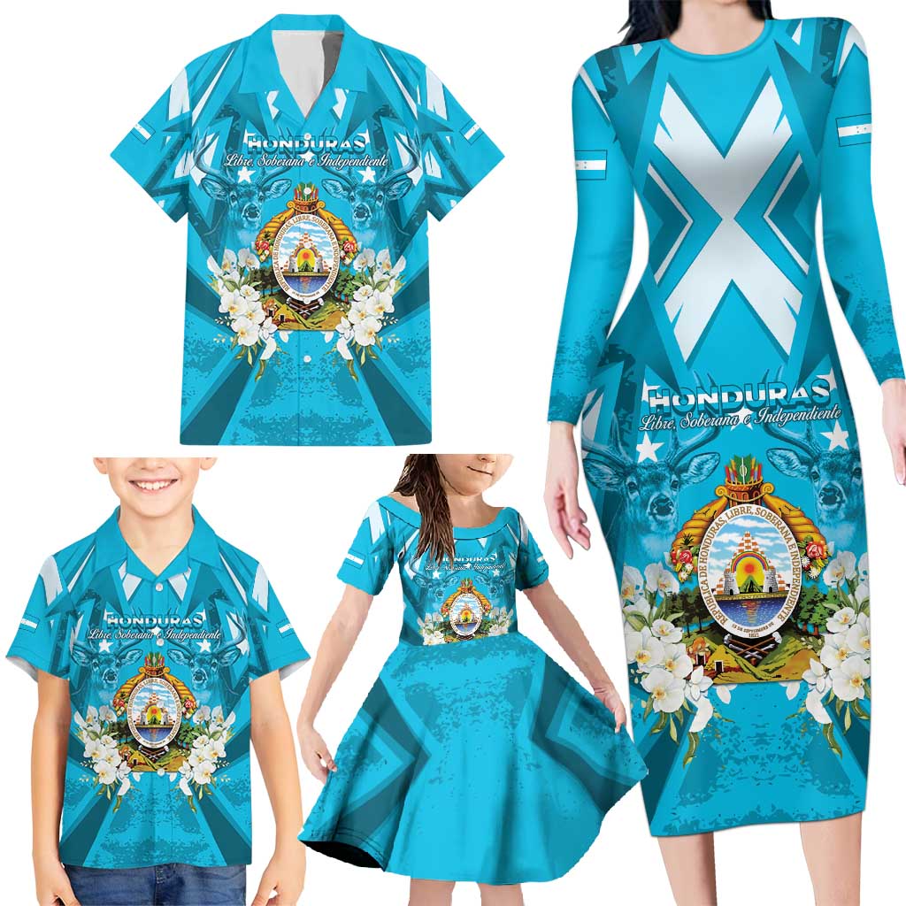 Honduras Independence Day Family Matching Long Sleeve Bodycon Dress and Hawaiian Shirt Coat Of Arms Special Style - Wonder Print Shop