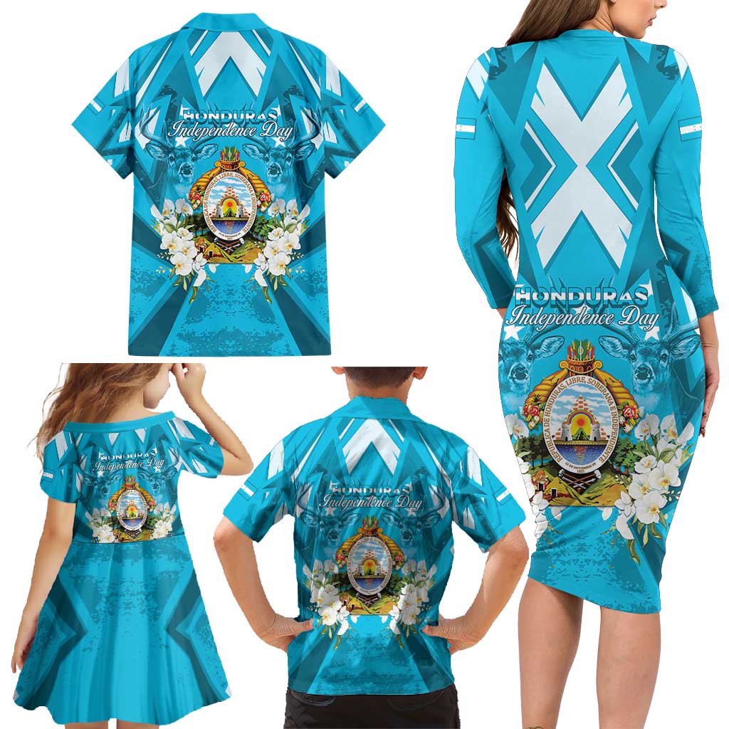 Honduras Independence Day Family Matching Long Sleeve Bodycon Dress and Hawaiian Shirt Coat Of Arms Special Style - Wonder Print Shop