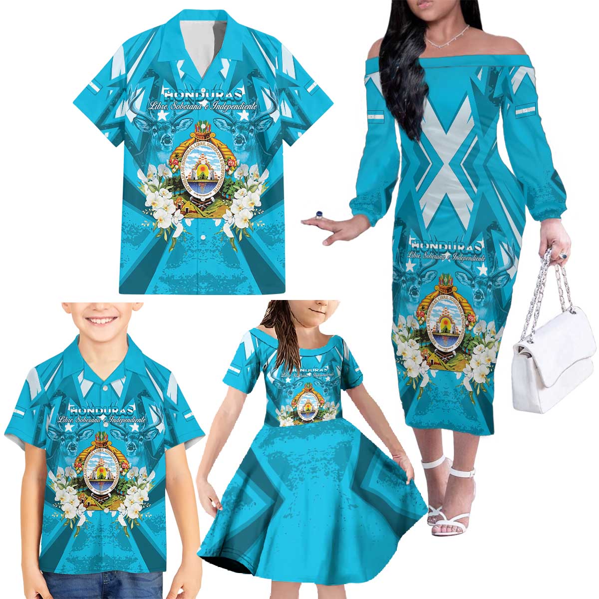 Honduras Independence Day Family Matching Off The Shoulder Long Sleeve Dress and Hawaiian Shirt Coat Of Arms Special Style - Wonder Print Shop