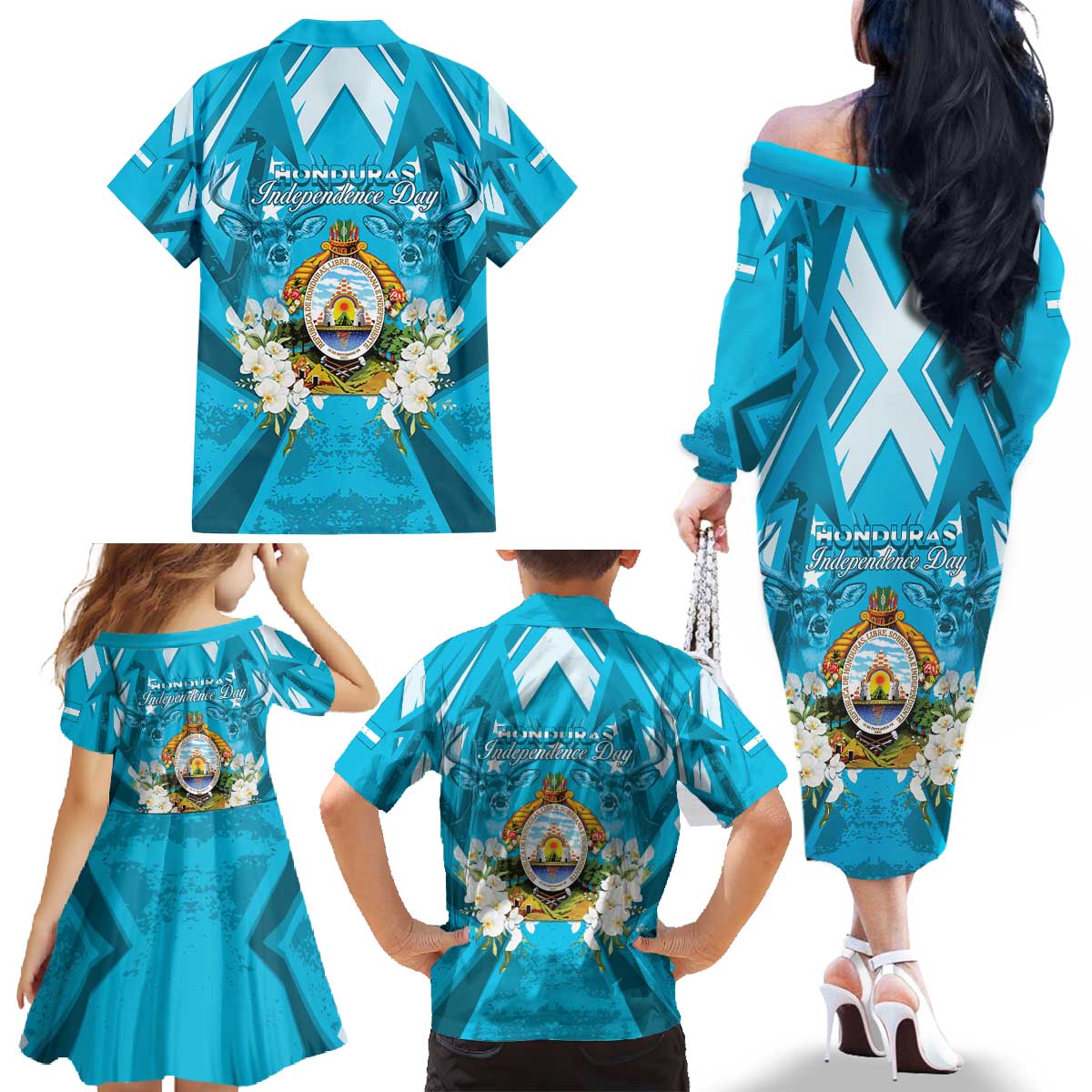 Honduras Independence Day Family Matching Off The Shoulder Long Sleeve Dress and Hawaiian Shirt Coat Of Arms Special Style - Wonder Print Shop
