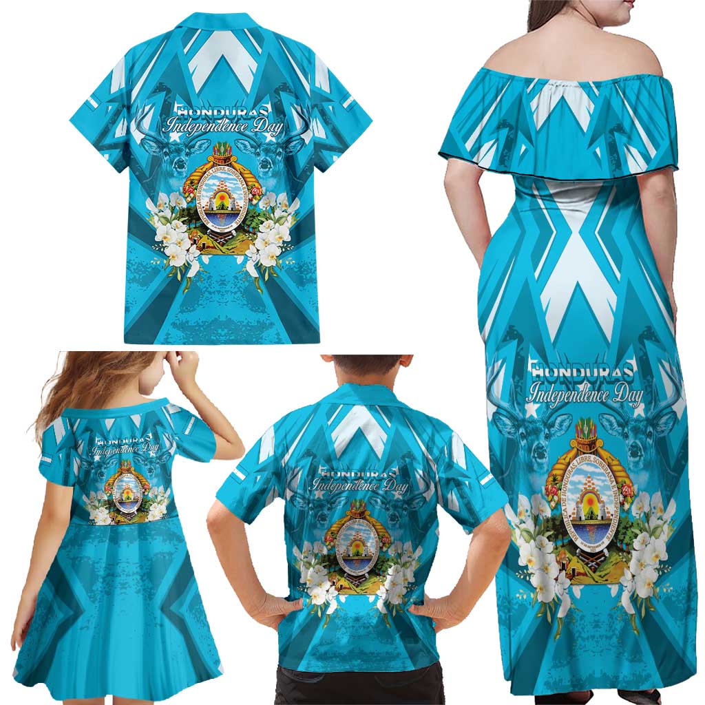 Honduras Independence Day Family Matching Off Shoulder Maxi Dress and Hawaiian Shirt Coat Of Arms Special Style - Wonder Print Shop
