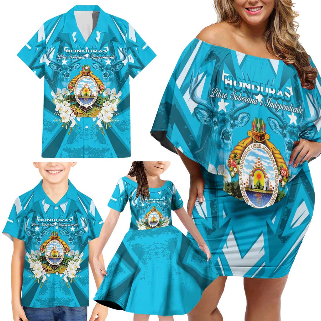 Honduras Independence Day Family Matching Off Shoulder Short Dress and Hawaiian Shirt Coat Of Arms Special Style - Wonder Print Shop