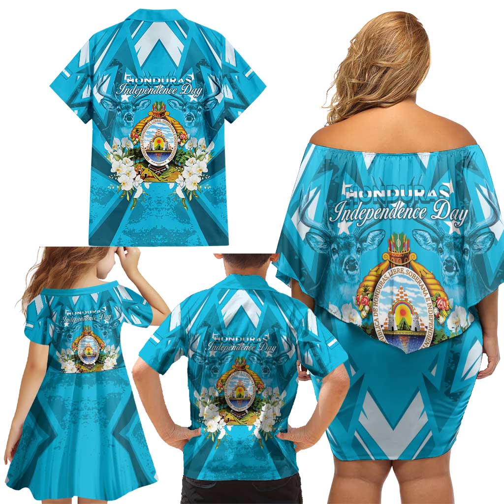 Honduras Independence Day Family Matching Off Shoulder Short Dress and Hawaiian Shirt Coat Of Arms Special Style - Wonder Print Shop