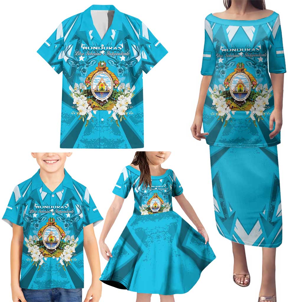 Honduras Independence Day Family Matching Puletasi and Hawaiian Shirt Coat Of Arms Special Style - Wonder Print Shop