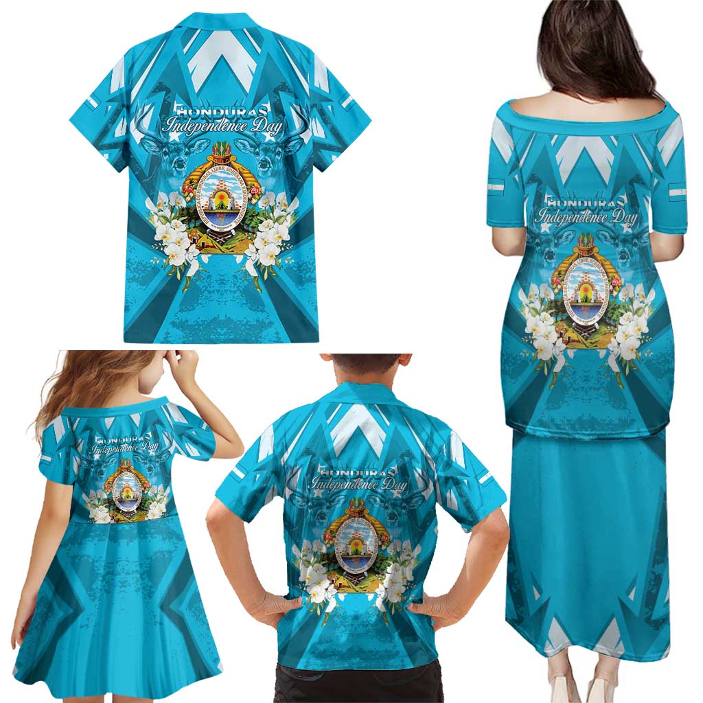 Honduras Independence Day Family Matching Puletasi and Hawaiian Shirt Coat Of Arms Special Style - Wonder Print Shop
