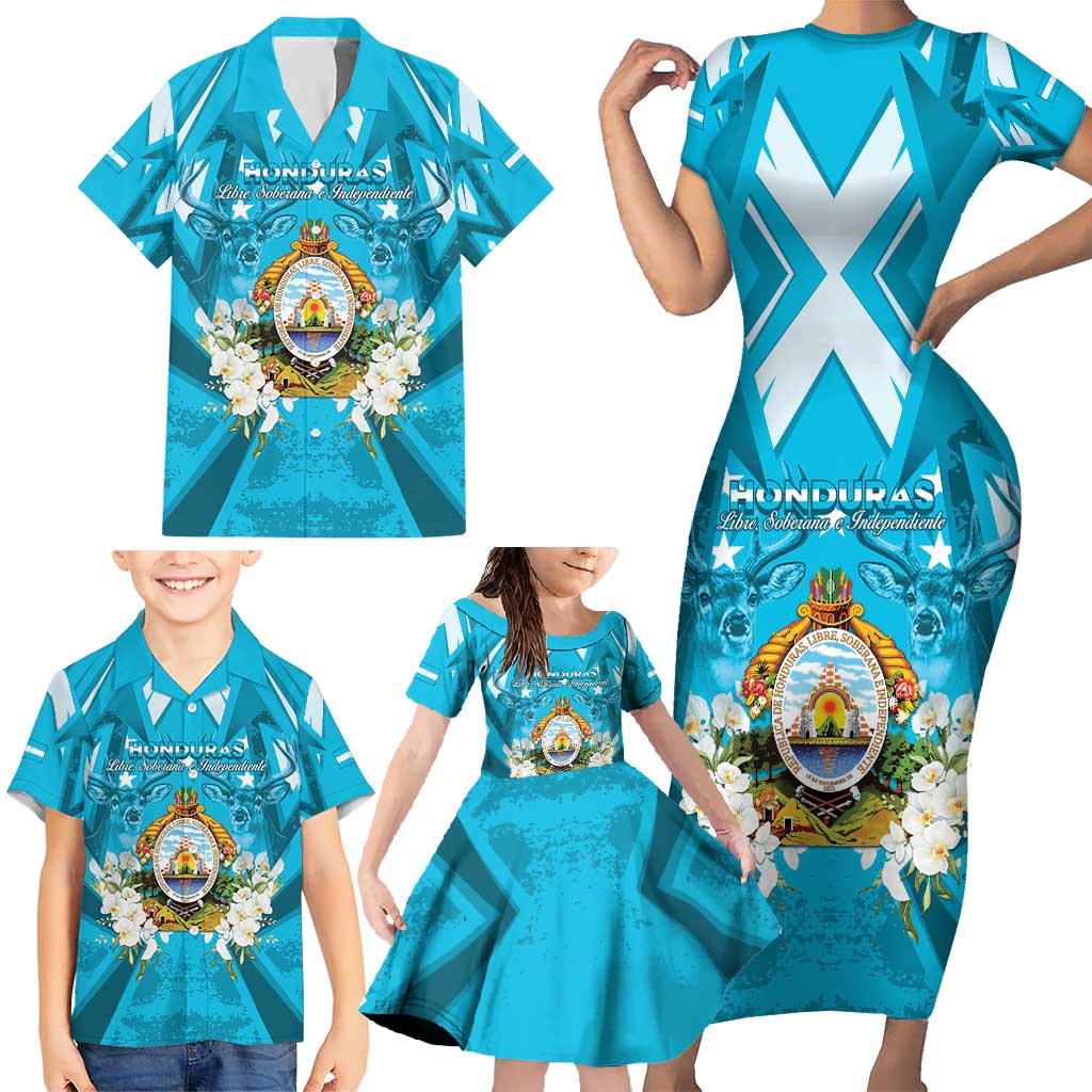 Honduras Independence Day Family Matching Short Sleeve Bodycon Dress and Hawaiian Shirt Coat Of Arms Special Style - Wonder Print Shop