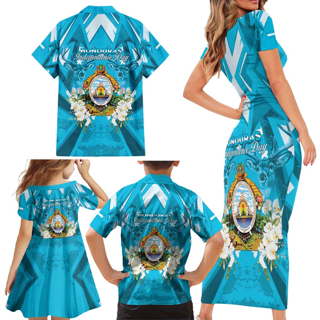 Honduras Independence Day Family Matching Short Sleeve Bodycon Dress and Hawaiian Shirt Coat Of Arms Special Style - Wonder Print Shop