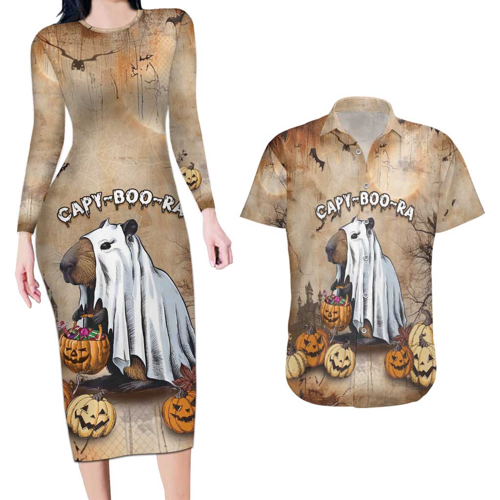Halloween Capy Boo Ra Couples Matching Long Sleeve Bodycon Dress and Hawaiian Shirt Spooky Bara Season LT05 - Wonder Print Shop