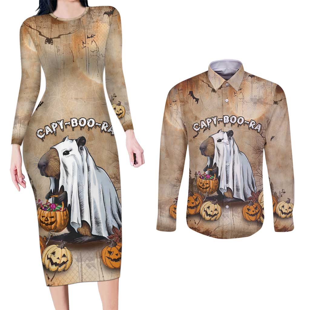 Halloween Capy Boo Ra Couples Matching Long Sleeve Bodycon Dress and Long Sleeve Button Shirt Spooky Bara Season LT05 - Wonder Print Shop