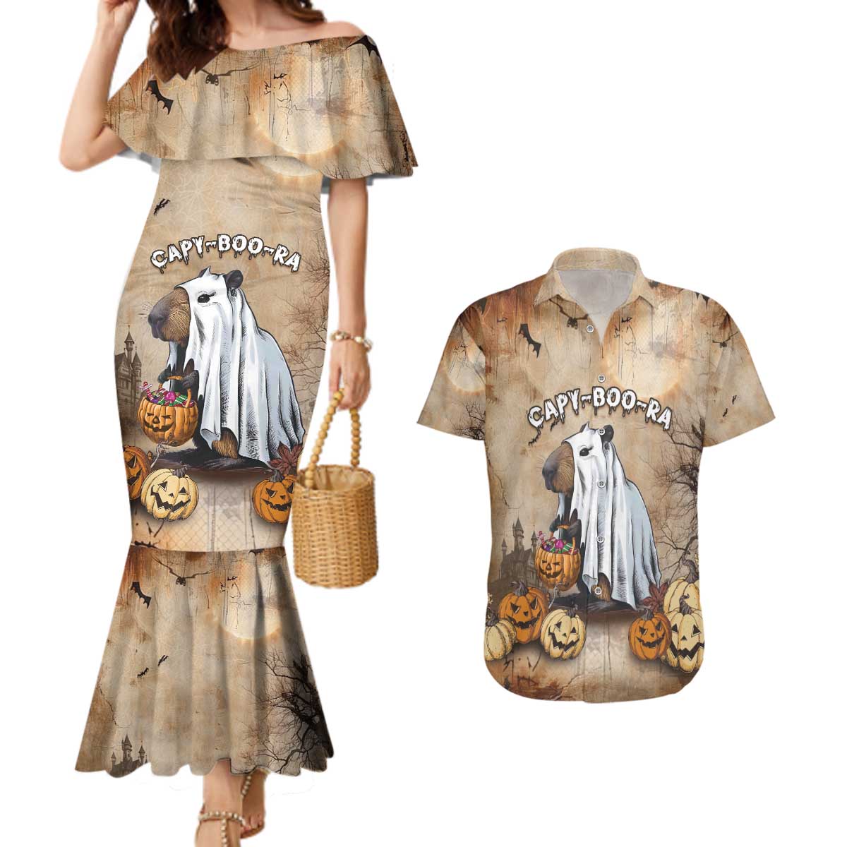 Halloween Capy Boo Ra Couples Matching Mermaid Dress and Hawaiian Shirt Spooky Bara Season LT05 - Wonder Print Shop