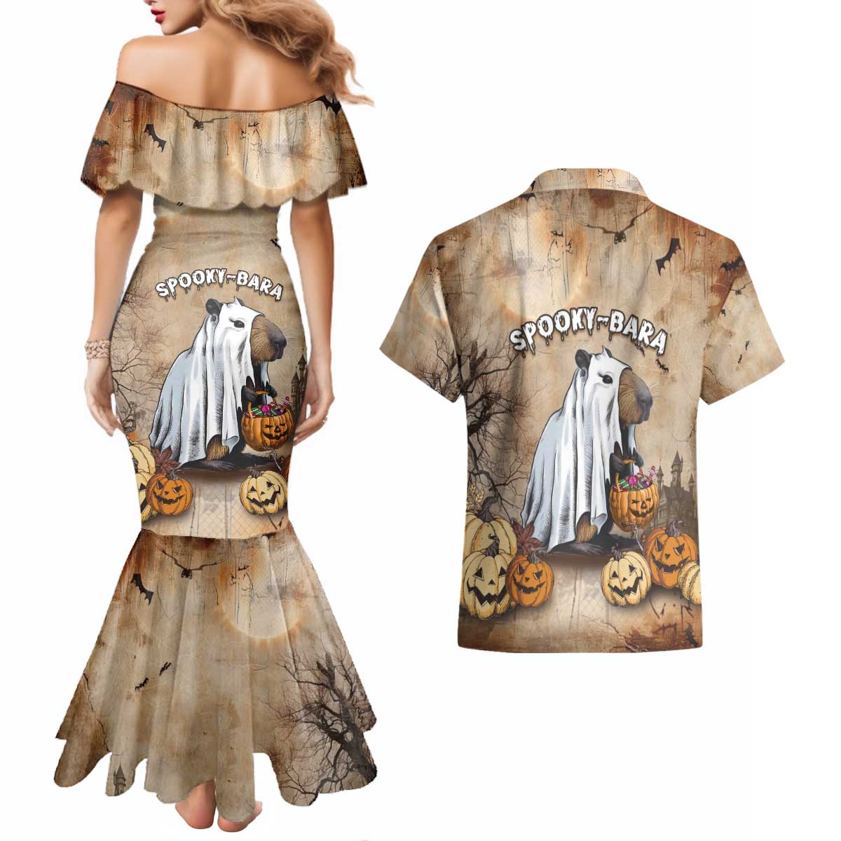 Halloween Capy Boo Ra Couples Matching Mermaid Dress and Hawaiian Shirt Spooky Bara Season LT05 - Wonder Print Shop