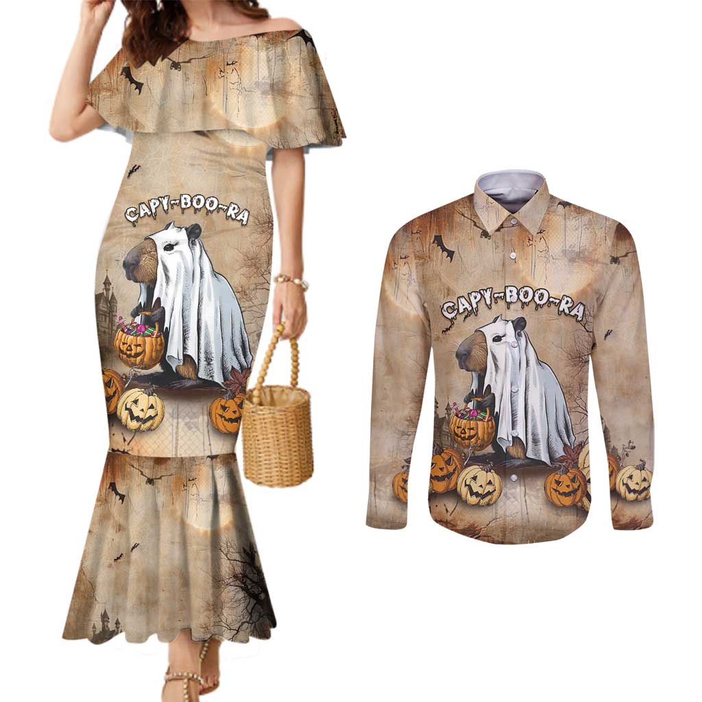 Halloween Capy Boo Ra Couples Matching Mermaid Dress and Long Sleeve Button Shirt Spooky Bara Season