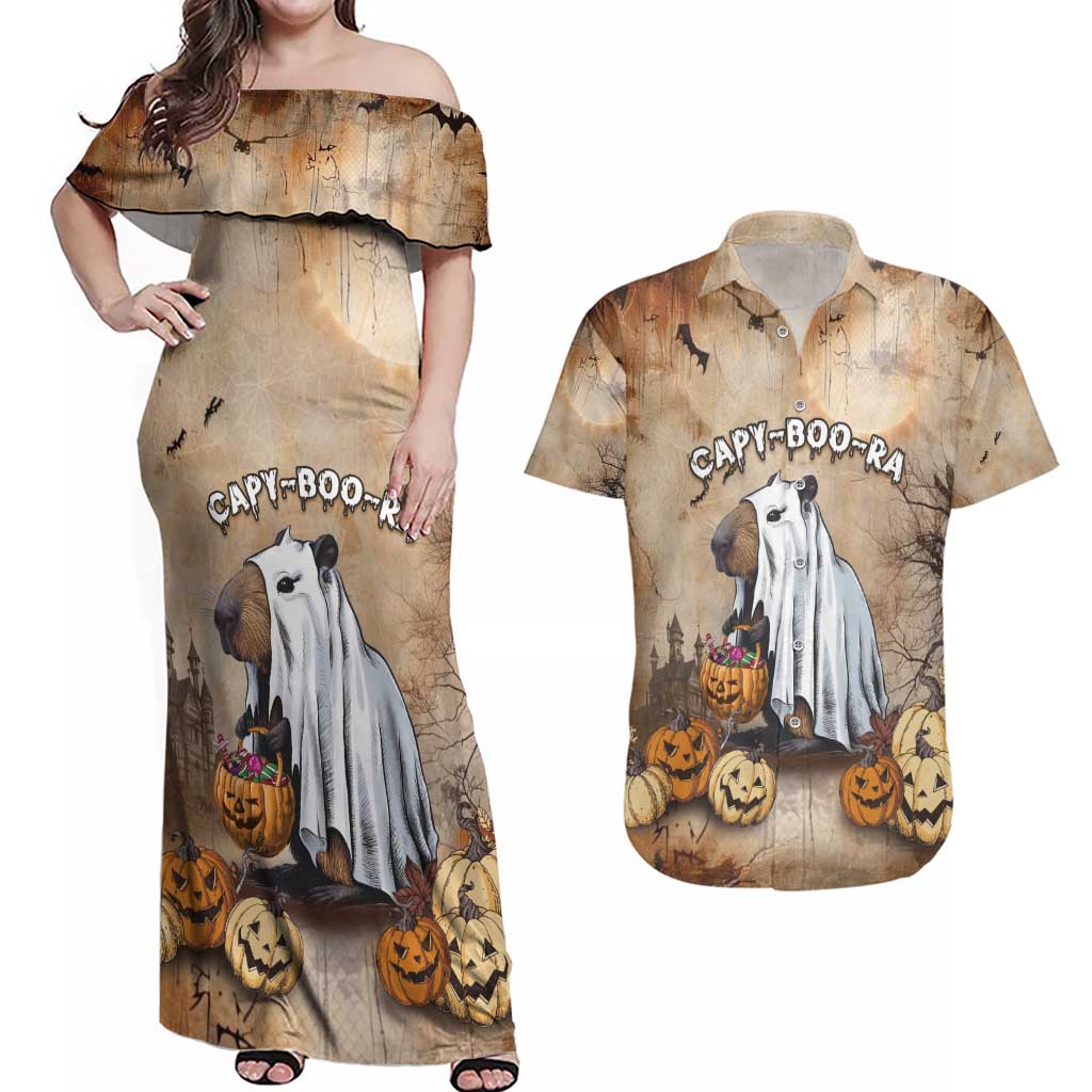 Halloween Capy Boo Ra Couples Matching Off Shoulder Maxi Dress and Hawaiian Shirt Spooky Bara Season LT05 - Wonder Print Shop