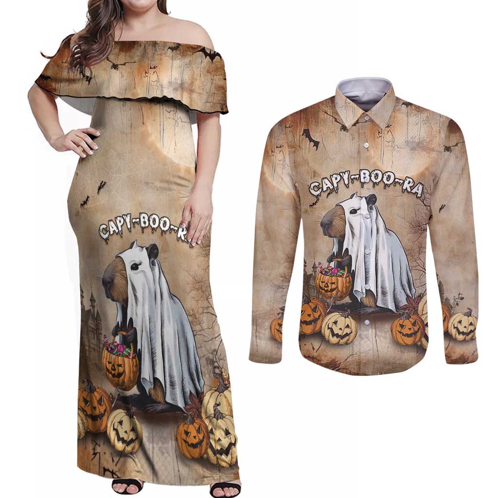 Halloween Capy Boo Ra Couples Matching Off Shoulder Maxi Dress and Long Sleeve Button Shirt Spooky Bara Season LT05 - Wonder Print Shop